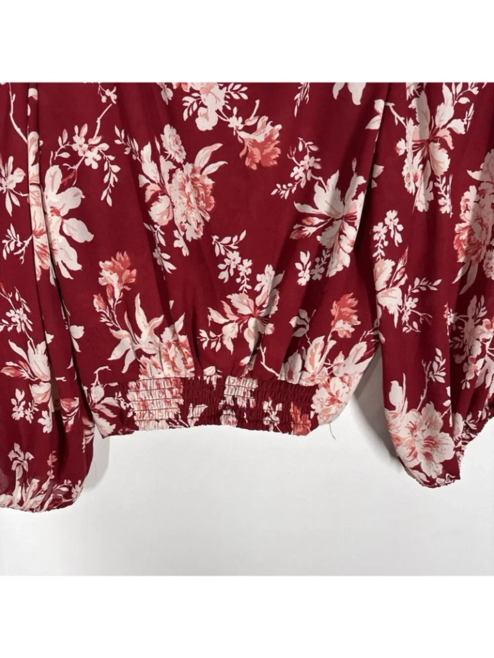 Abercrombie & Fitch Women S Red Floral Puff Sleeve Twist Knot Front Crop Blouse